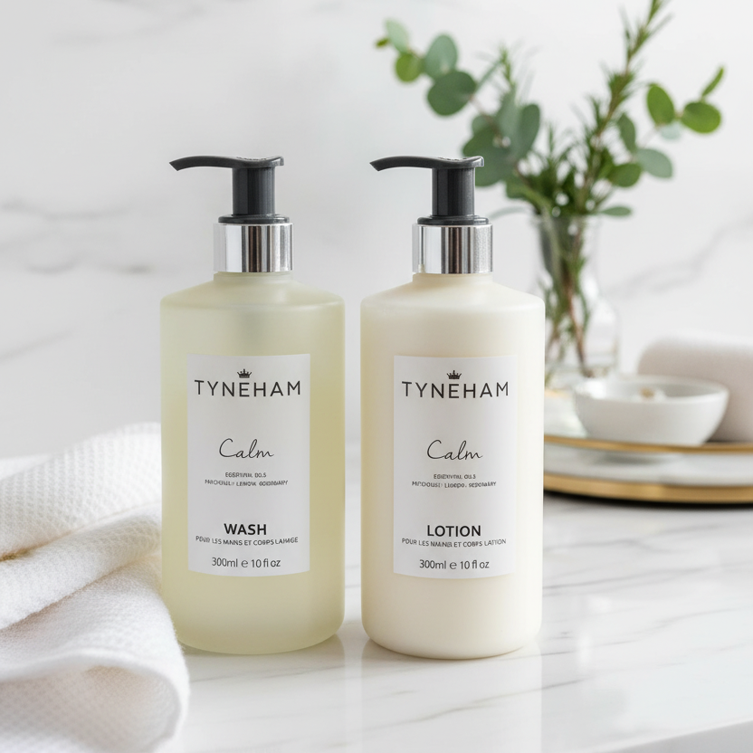 TYNEHAM Calm wash and lotion bottles on a marble surface with a decorative plant in the background.