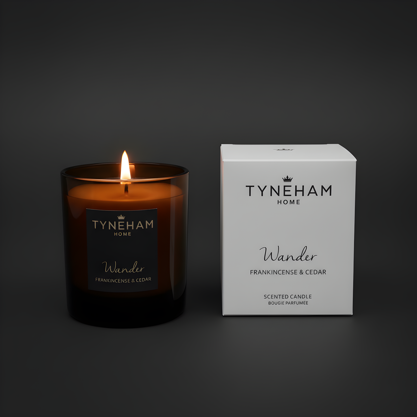 Tyneham wander candle in amber glass with box