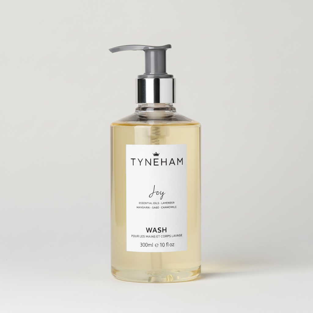 Tyneham Joy hand and body wash bottle with pump on a light gray background