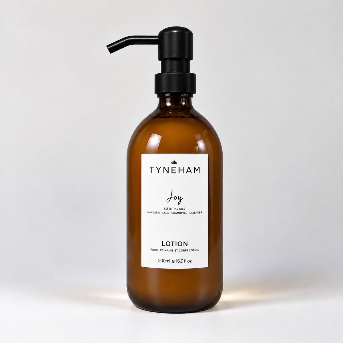 Tyneham Joy Hand &amp; Body Lotion 500ml amber glass bottle with black pump