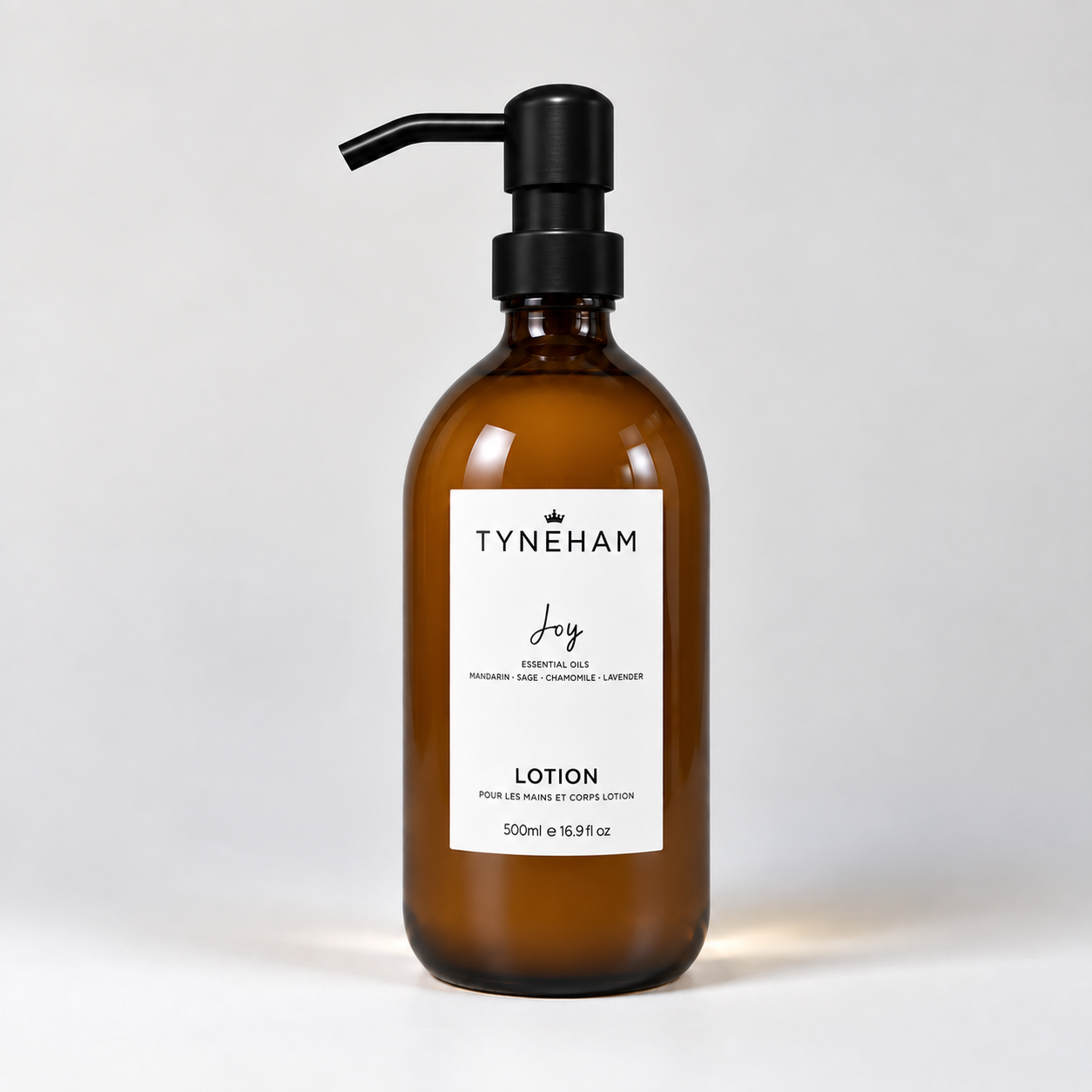 Tyneham Joy Hand & Body Lotion 500ml amber glass bottle with brass pump