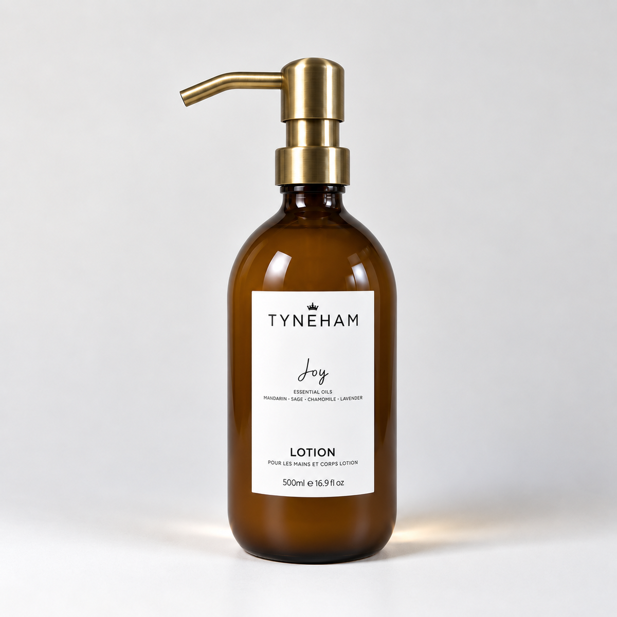 Tyneham Joy Hand &amp; Body Lotion 500ml amber glass bottle with brass pump