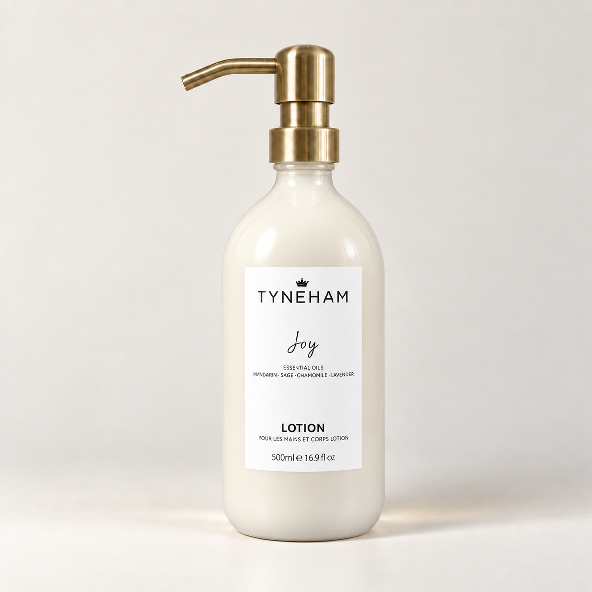 Tyneham Joy Hand &amp; Body Lotion 500ml clear glass bottle with brass pump