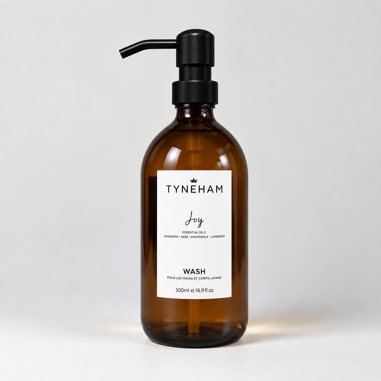 Tyneham Joy Hand & Body Wash 500ml amber glass bottle with brass pump