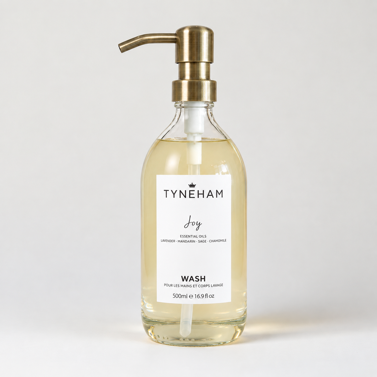 Tyneham Joy Hand &amp; Body Wash 500ml clear glass bottle with brass pump